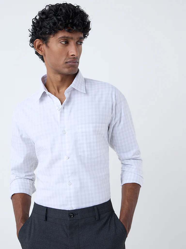WES Formals Grey Checkered Relaxed-Fit Cotton Shirt
