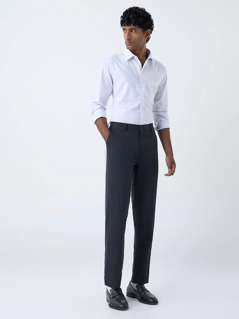 WES Formals Grey Checkered Relaxed-Fit Cotton Shirt - Image 3