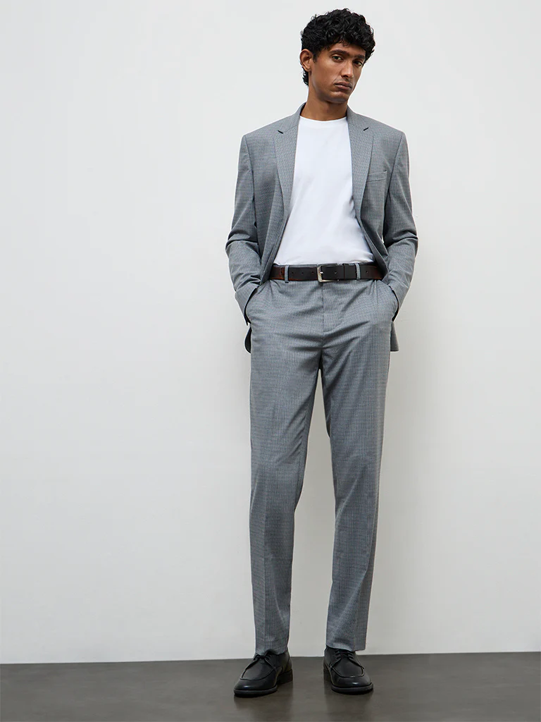 WES Formals Grey Checkered Relaxed-Fit Mid-Rise Trousers