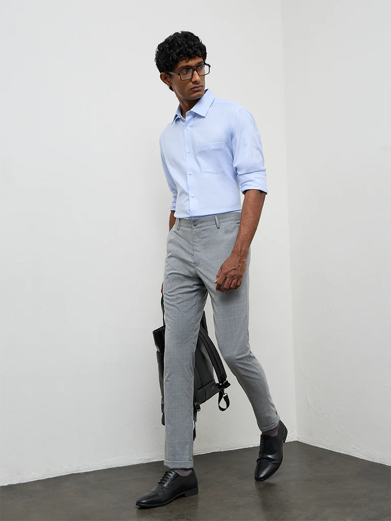 WES Formals Grey Checkered Slim-Fit Mid-Rise Trousers