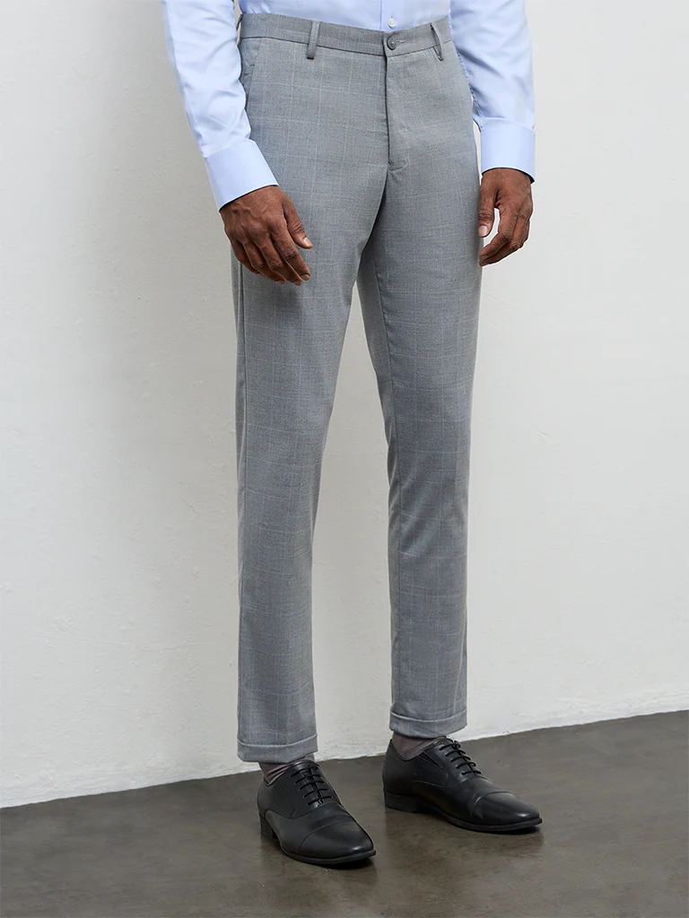 WES Formals Grey Checkered Slim-Fit Mid-Rise Trousers - Image 2