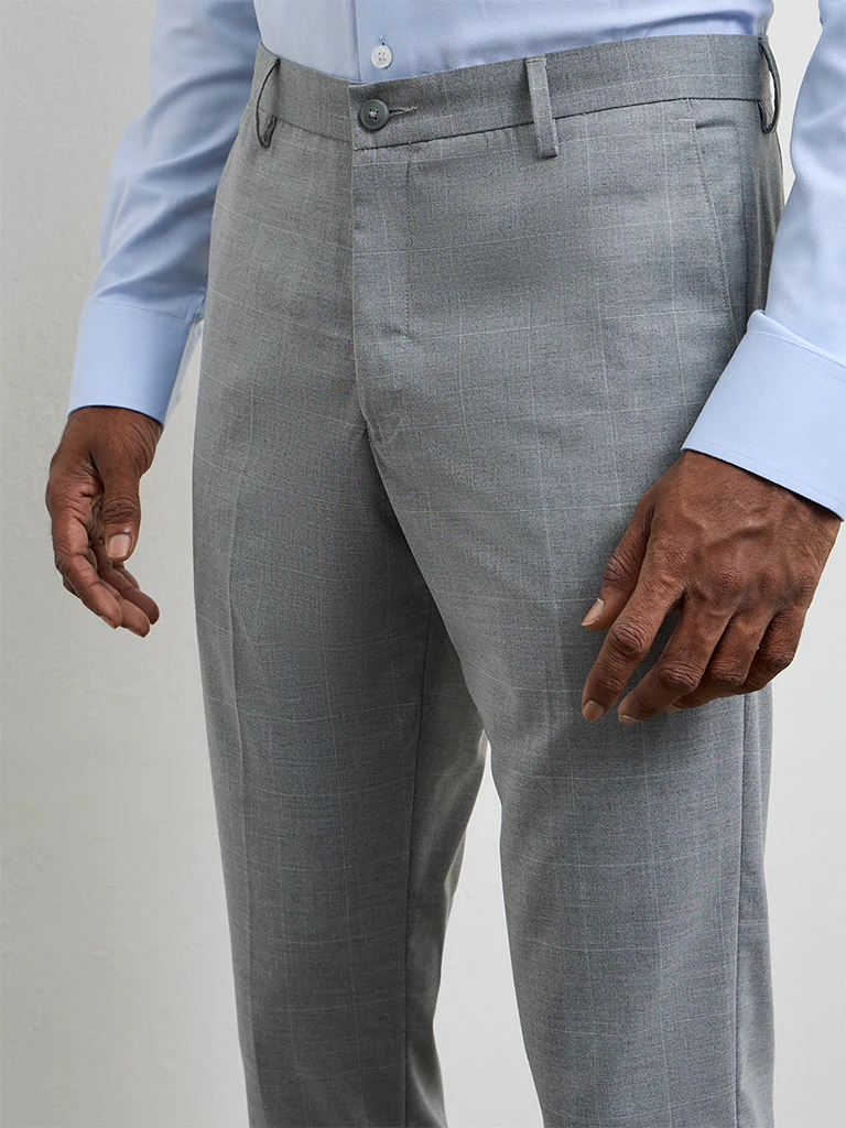 WES Formals Grey Checkered Slim-Fit Mid-Rise Trousers - Image 3