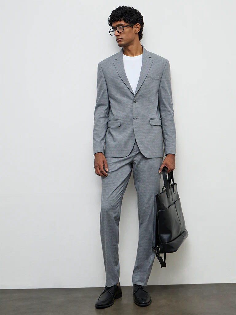 WES Formals Grey Houndstooth Checkered Slim-Fit Blazer