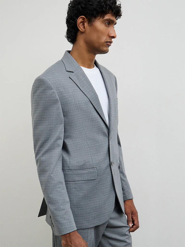 WES Formals Grey Houndstooth Checkered Slim-Fit Blazer - Image 2