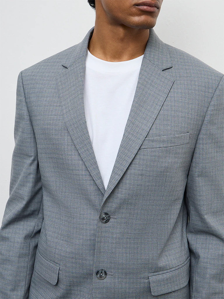 WES Formals Grey Houndstooth Checkered Slim-Fit Blazer - Image 3