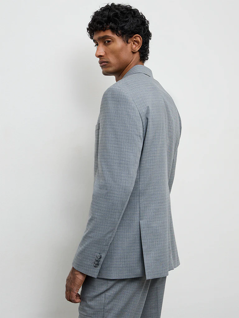WES Formals Grey Houndstooth Checkered Slim-Fit Blazer - Image 4