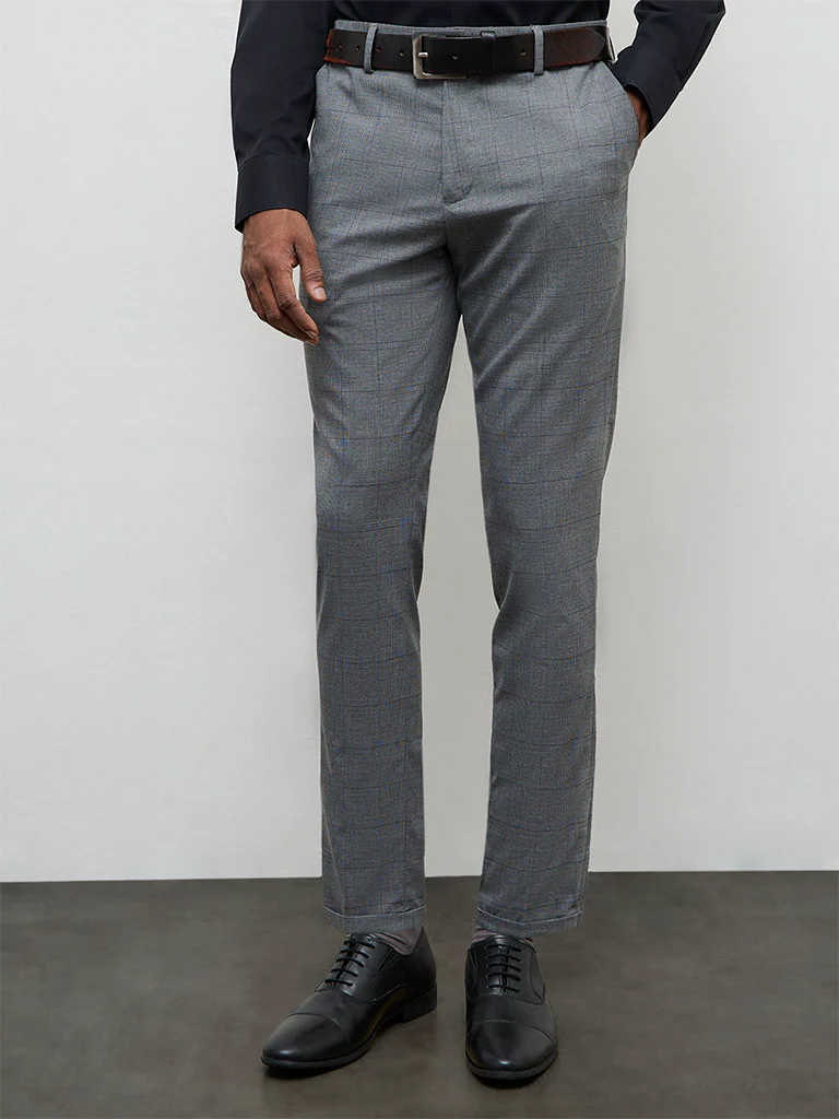 WES Formals Grey Plaid Checkered Slim-Fit Mid-Rise Trousers - Image 2
