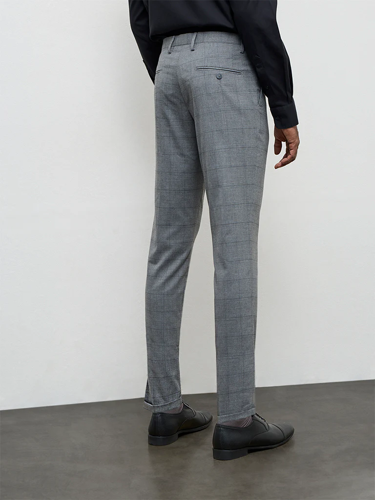 WES Formals Grey Plaid Checkered Slim-Fit Mid-Rise Trousers - Image 4