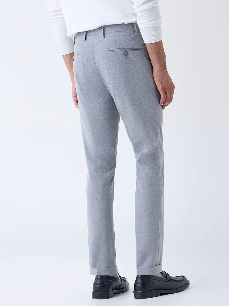 WES Formals Grey Self-Striped Slim-Fit Mid-Rise Trousers - Image 4