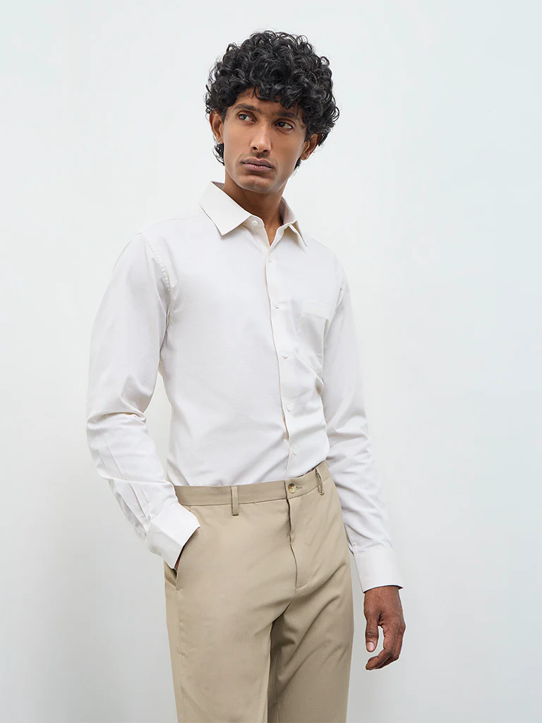 WES Formals Grey Self-Textured Slim-Fit Cotton Shirt