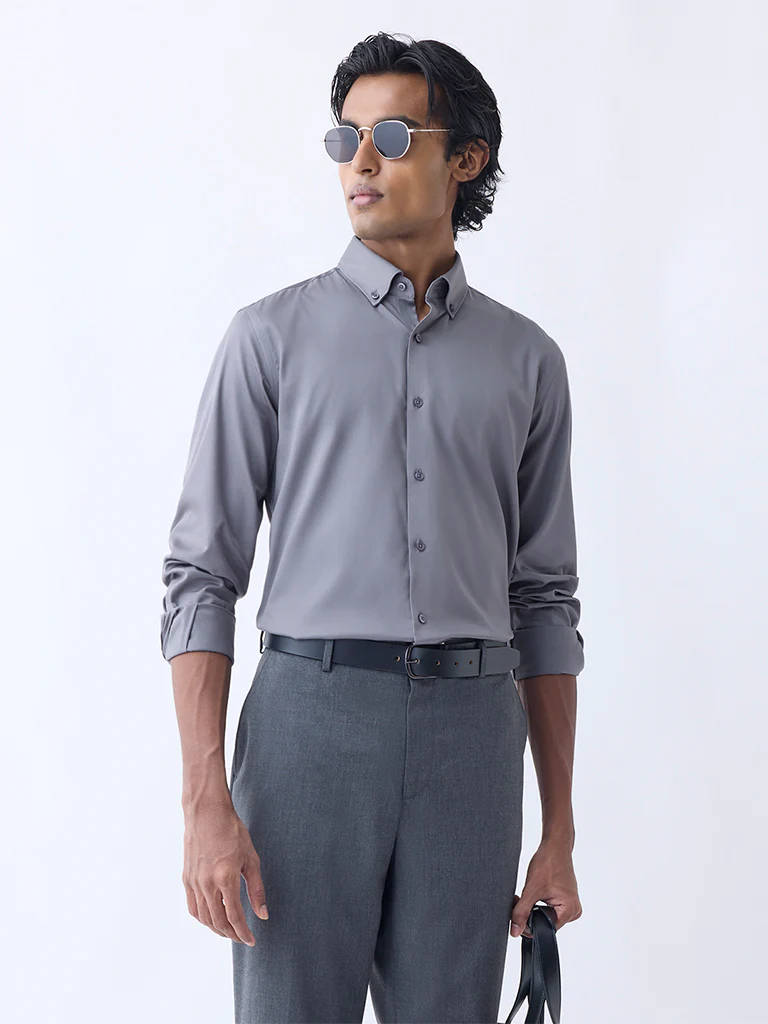 WES Formals Grey Slim-Fit Cotton-Blend Shirt