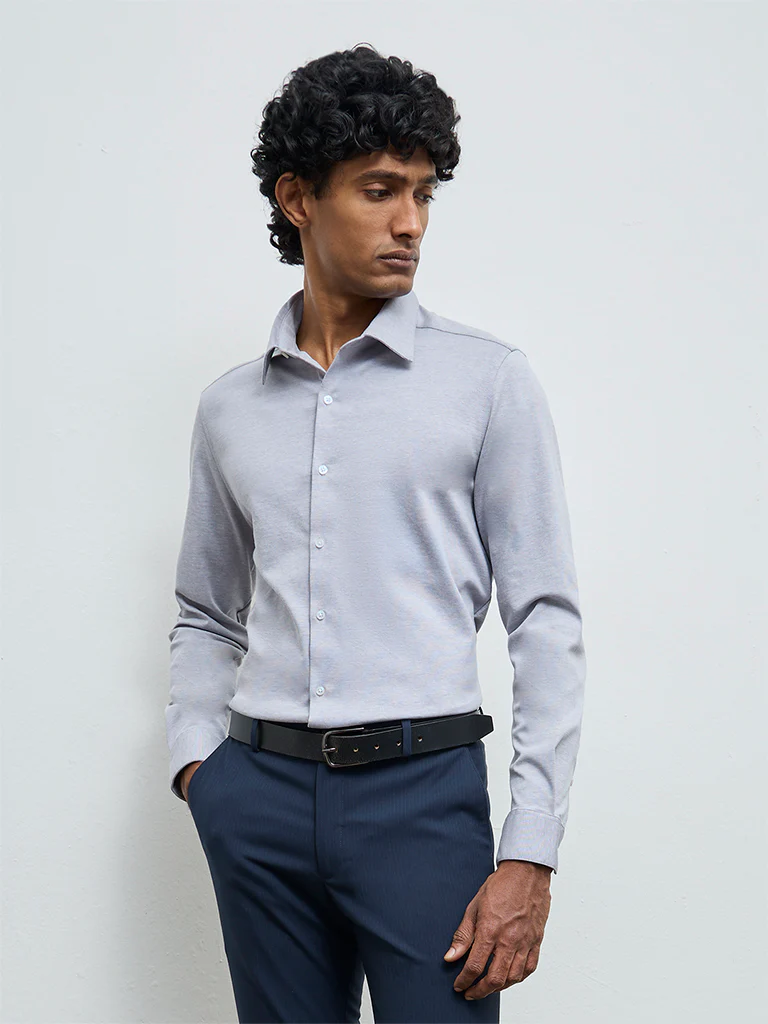WES Formals Grey Slim-Fit Cotton-Blend Shirt