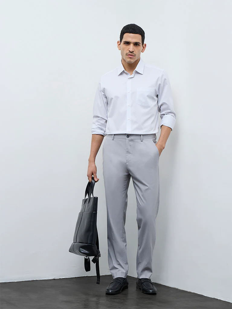 WES Formals Grey Slim-Fit Mid-Rise Trousers