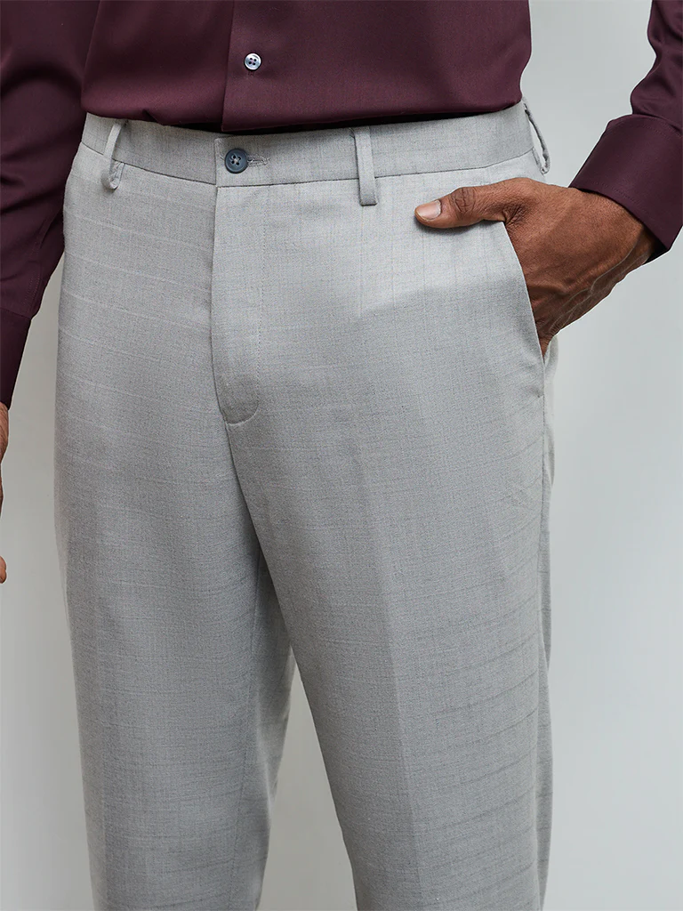 WES Formals Grey Slim-Fit Mid-Rise Trousers - Image 4