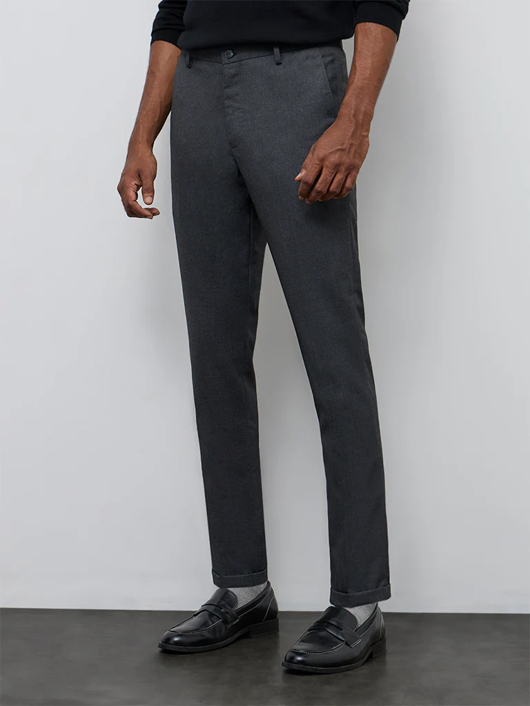 WES Formals Grey Slim-Fit Mid-Rise Trousers - Image 2