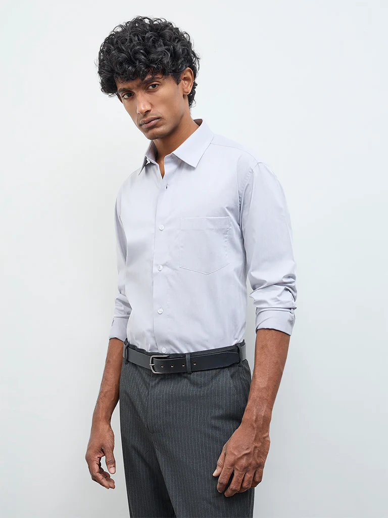 WES Formals Grey Solid Relaxed-Fit Cotton Shirt