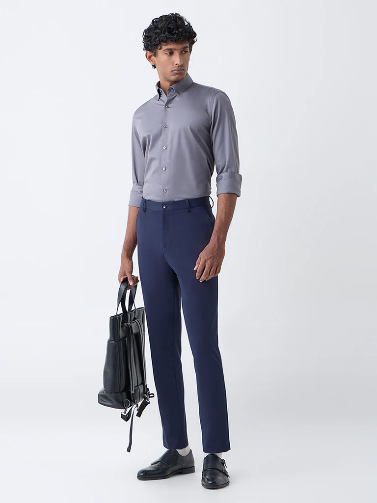 WES Formals Grey Solid Slim-Fit Cotton-Blend Shirt - Image 4