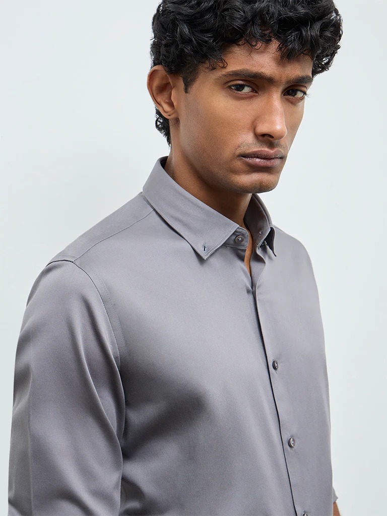 WES Formals Grey Solid Slim-Fit Cotton Shirt - Image 4