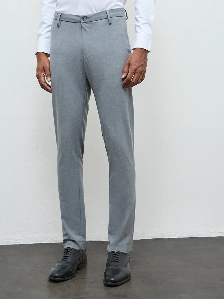 WES Formals Grey Solid Slim-Fit Mid-Rise Trousers - Image 3