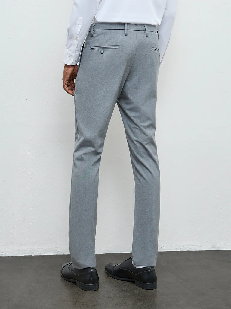 WES Formals Grey Solid Slim-Fit Mid-Rise Trousers - Image 5