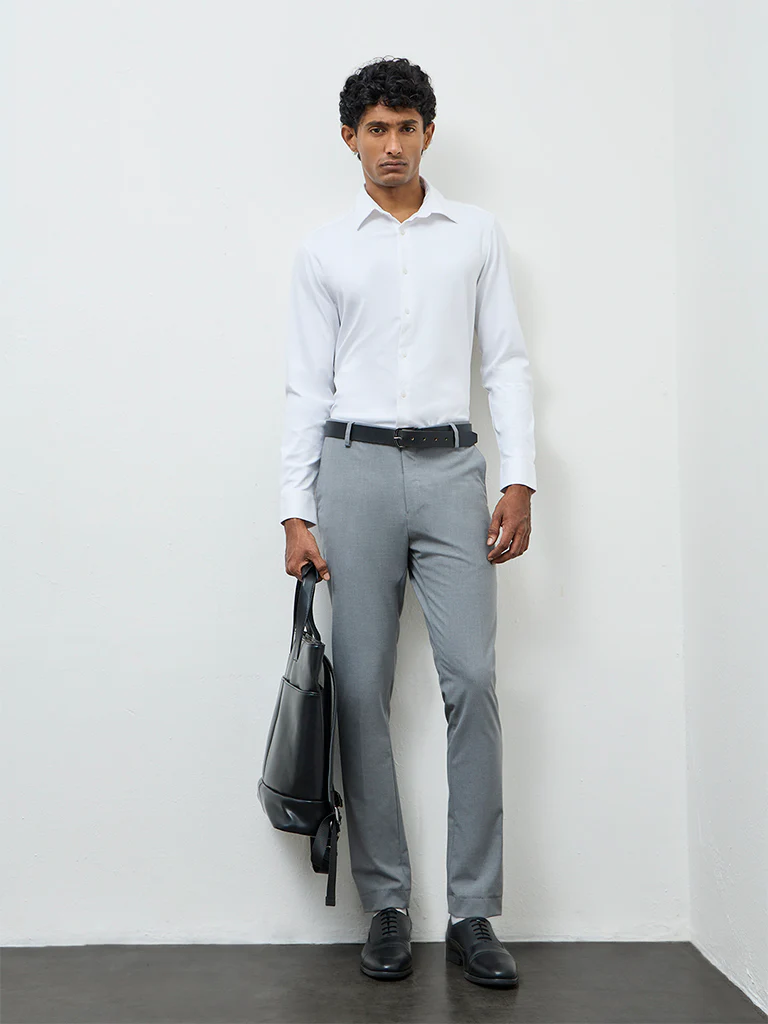 WES Formals Grey Solid Ultra Slim Fit Mid-Rise Trousers