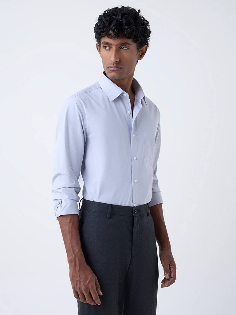 WES Formals Grey Striped Slim-Fit Cotton Shirt