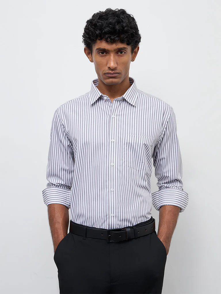 WES Formals Grey Striped Slim-Fit Cotton Shirt