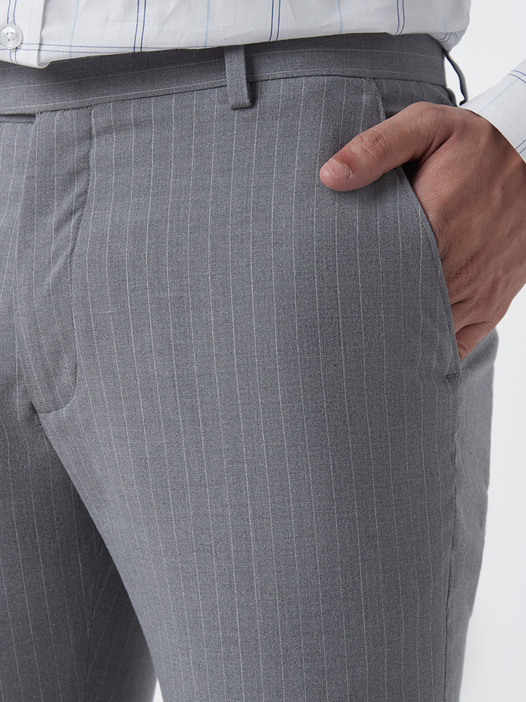WES Formals Grey Striped Slim-Fit Mid-Rise Trousers - Image 2
