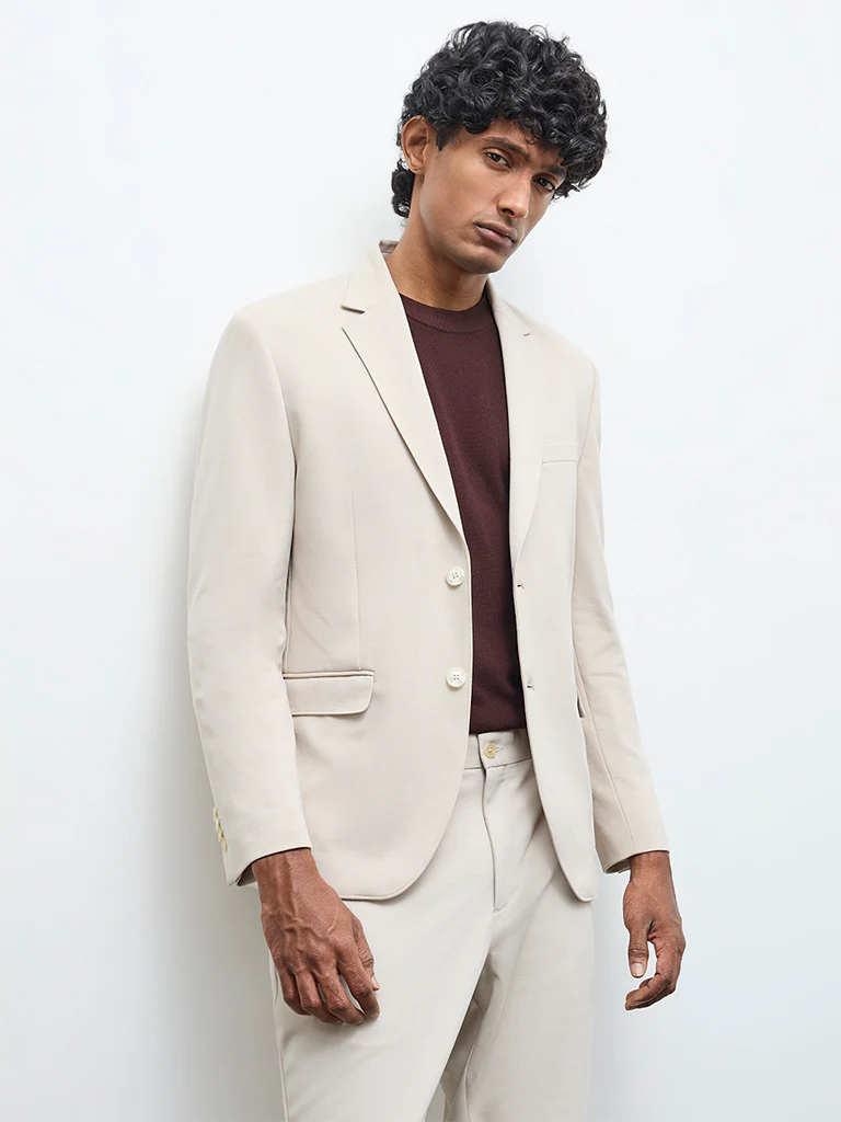 WES Formals Ivory Solid Slim-Fit Blazer