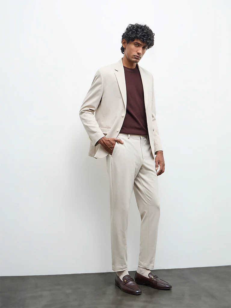 WES Formals Ivory Solid Slim-Fit Mid-Rise Trousers