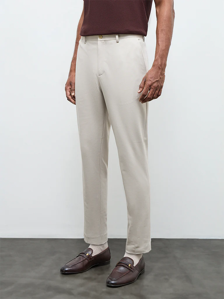 WES Formals Ivory Solid Slim-Fit Mid-Rise Trousers - Image 2