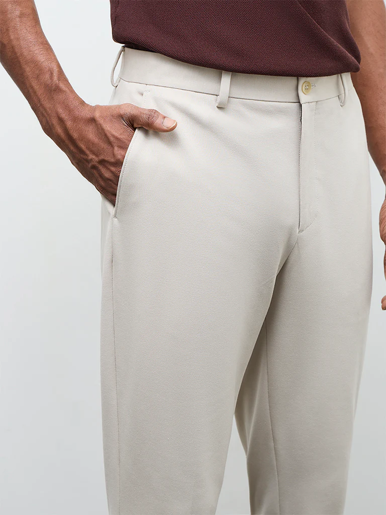 WES Formals Ivory Solid Slim-Fit Mid-Rise Trousers - Image 3