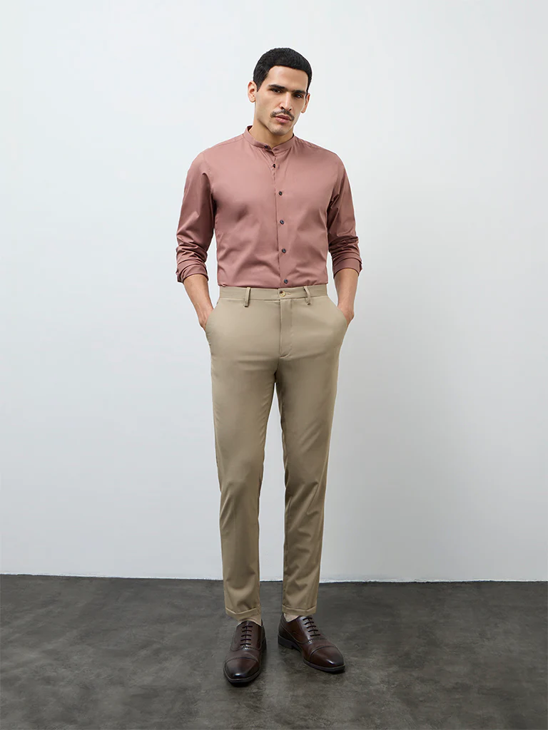 WES Formals Khaki Slim-Fit Mid-Rise Trousers