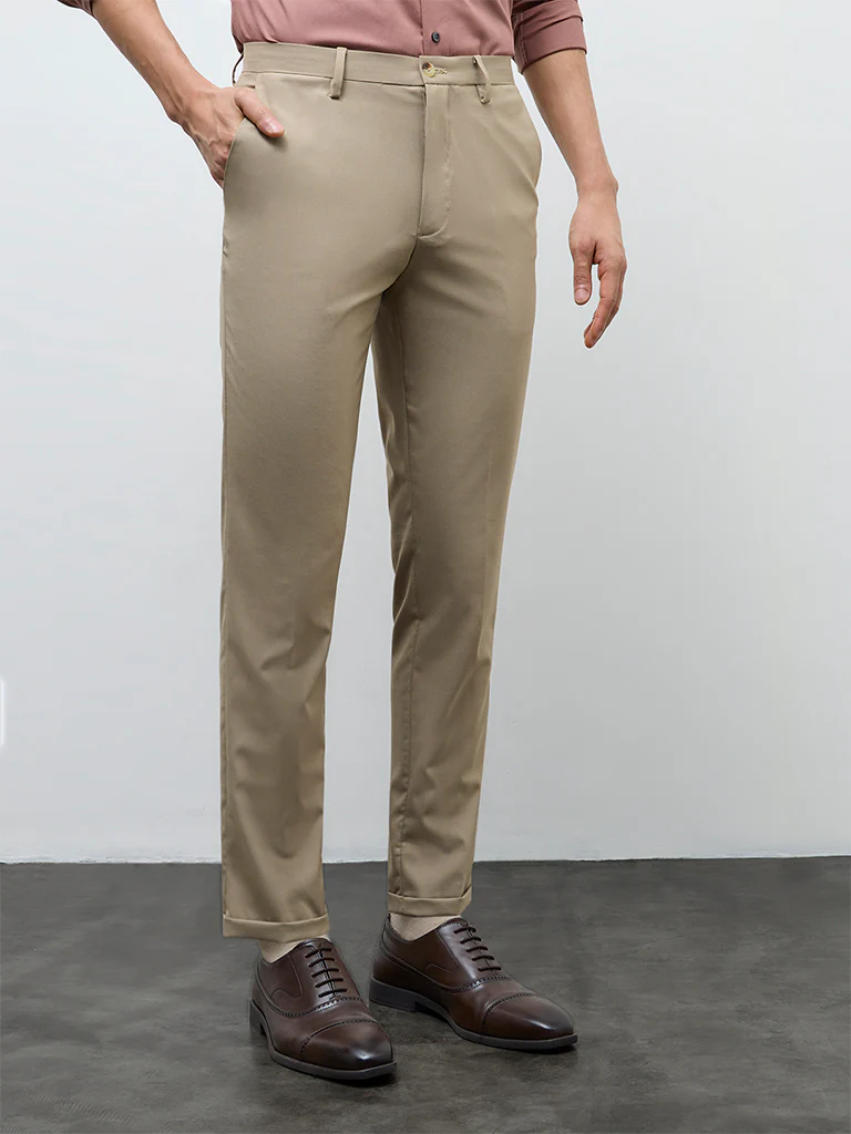 WES Formals Khaki Slim-Fit Mid-Rise Trousers - Image 2