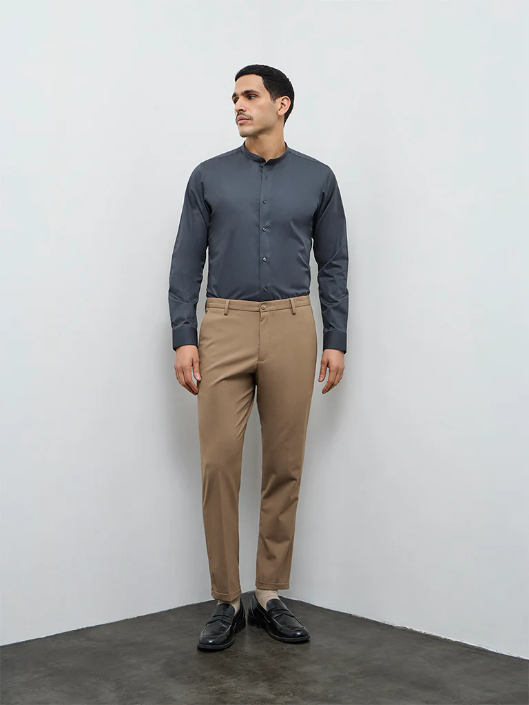 WES Formals Khaki Slim-Fit Mid-Rise Trousers