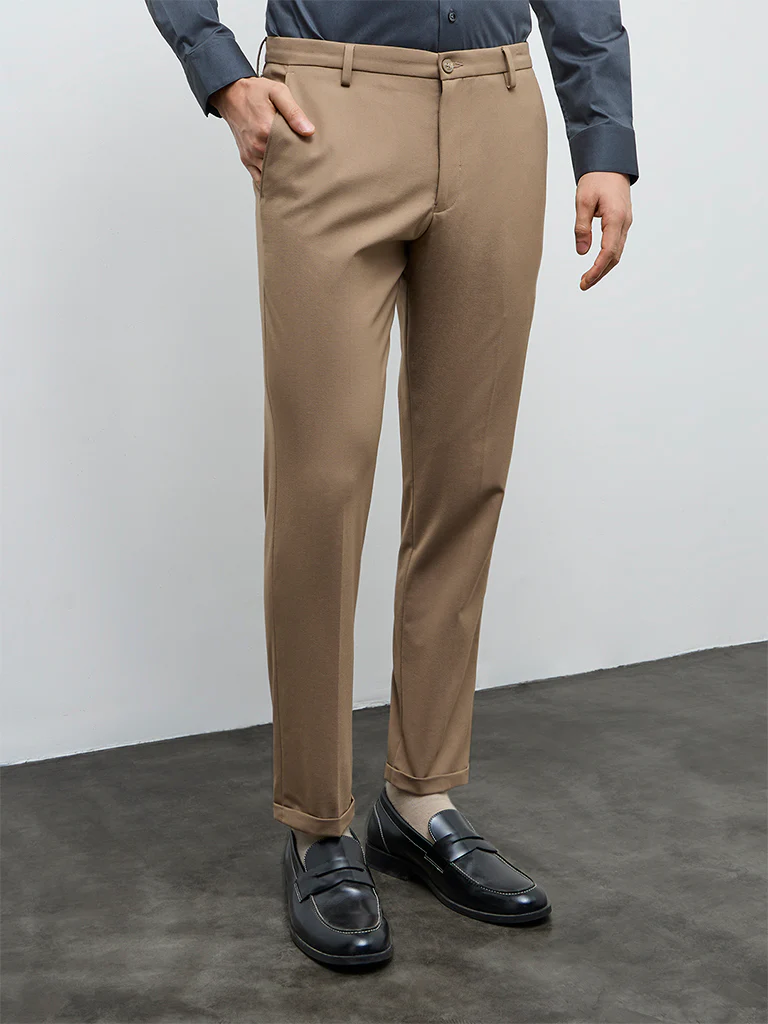 WES Formals Khaki Slim-Fit Mid-Rise Trousers - Image 3