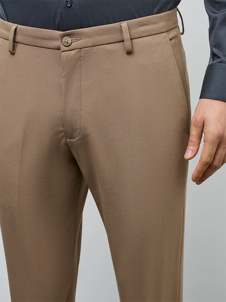 WES Formals Khaki Slim-Fit Mid-Rise Trousers - Image 4