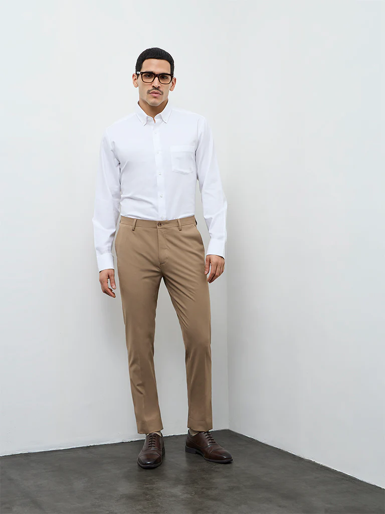WES Formals Khaki Slim-Fit Mid-Rise Trousers