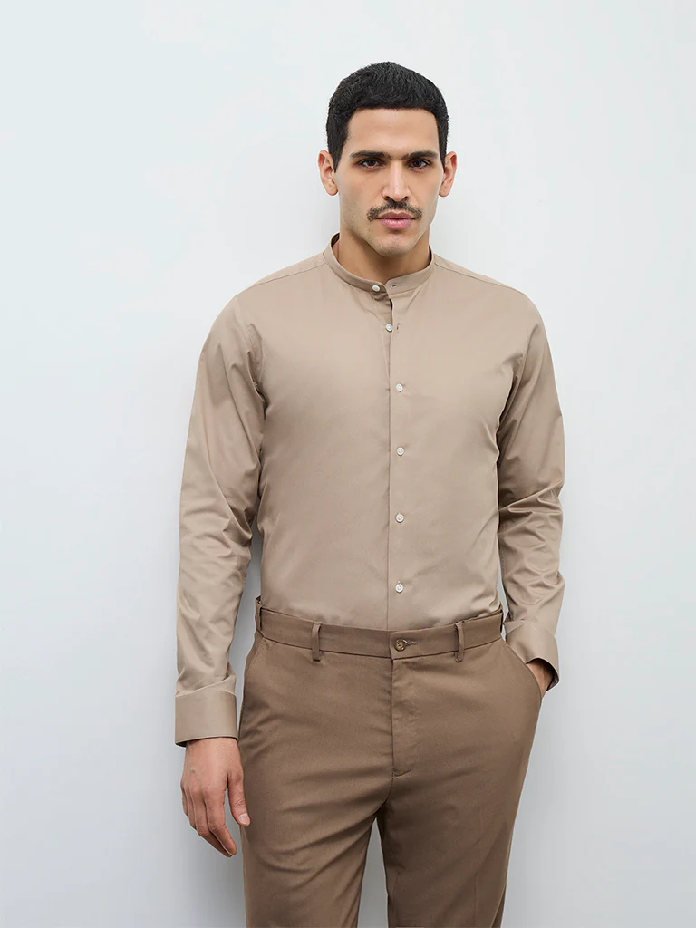WES Formals Khaki Solid Slim-Fit Cotton-Blend Shirt
