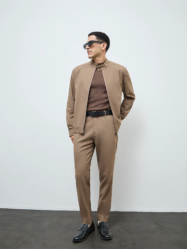 WES Formals Khaki Solid Slim-Fit Mid-Rise Trousers