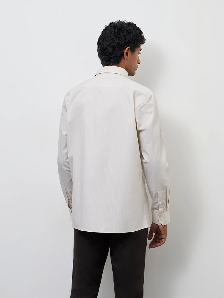 WES Formals Light Beige Striped Slim-Fit Cotton Shirt - Image 4