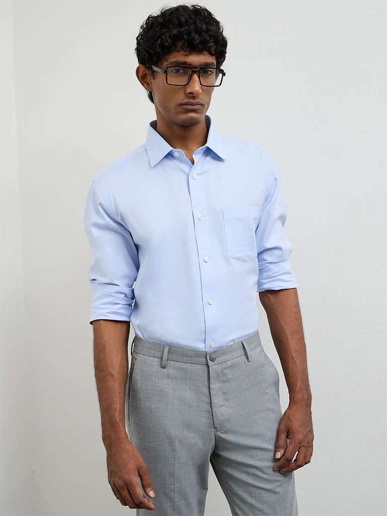 WES Formals Light Blue Relaxed-Fit Cotton Shirt