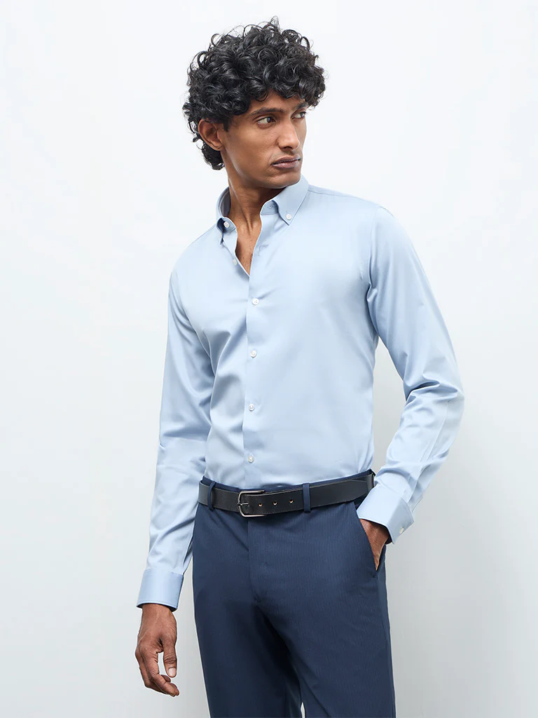 WES Formals Light Blue Solid Slim Fit Cotton Shirt