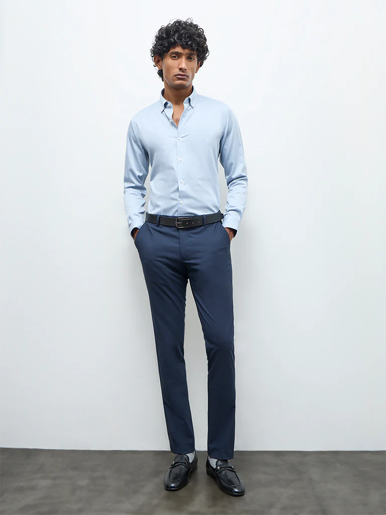 WES Formals Light Blue Solid Slim Fit Cotton Shirt - Image 2