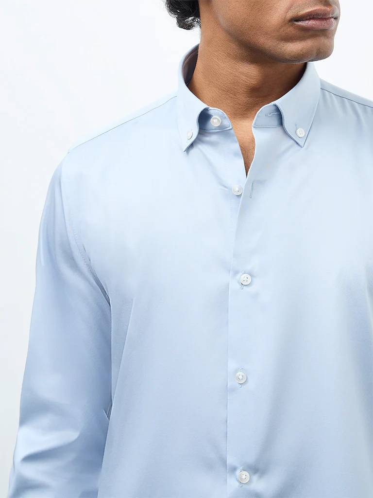 WES Formals Light Blue Solid Slim Fit Cotton Shirt - Image 3
