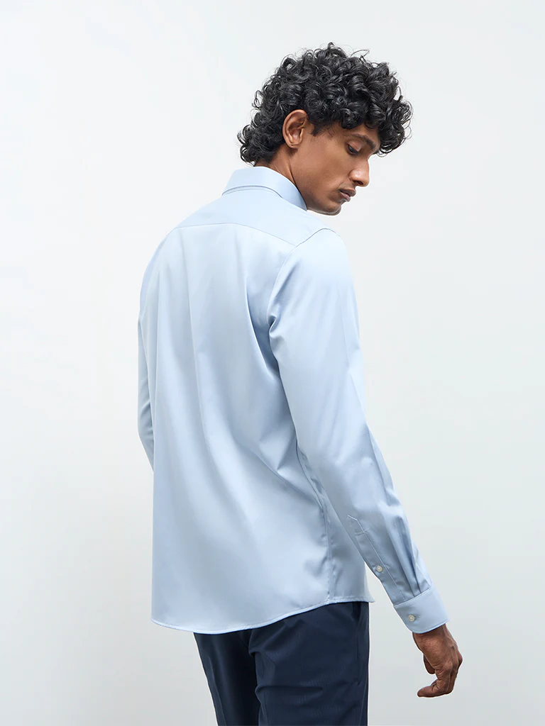 WES Formals Light Blue Solid Slim Fit Cotton Shirt - Image 4