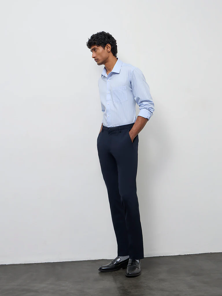 WES Formals Light Blue Striped Relaxed-Fit Cotton Shirt - Image 2