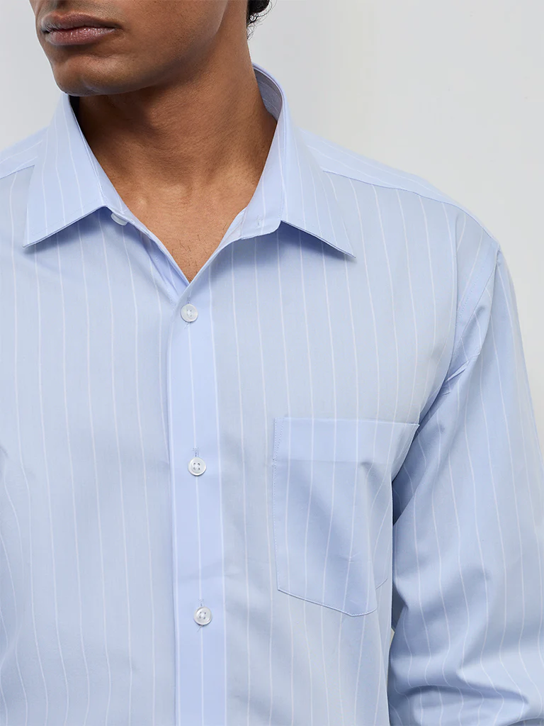 WES Formals Light Blue Striped Relaxed-Fit Cotton Shirt - Image 3
