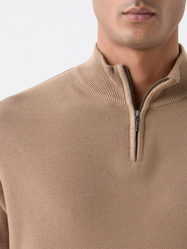 WES Formals Light Brown Knitted Slim-Fit Quarter-Zip Sweater - Image 3