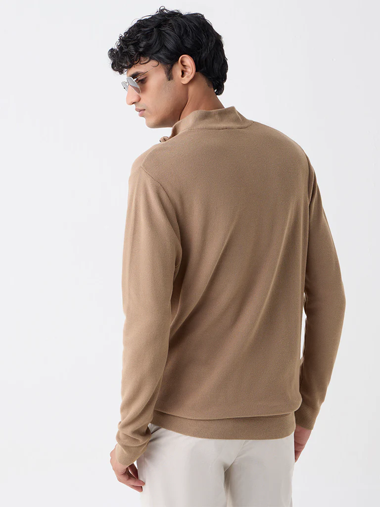 WES Formals Light Brown Knitted Slim-Fit Quarter-Zip Sweater - Image 5